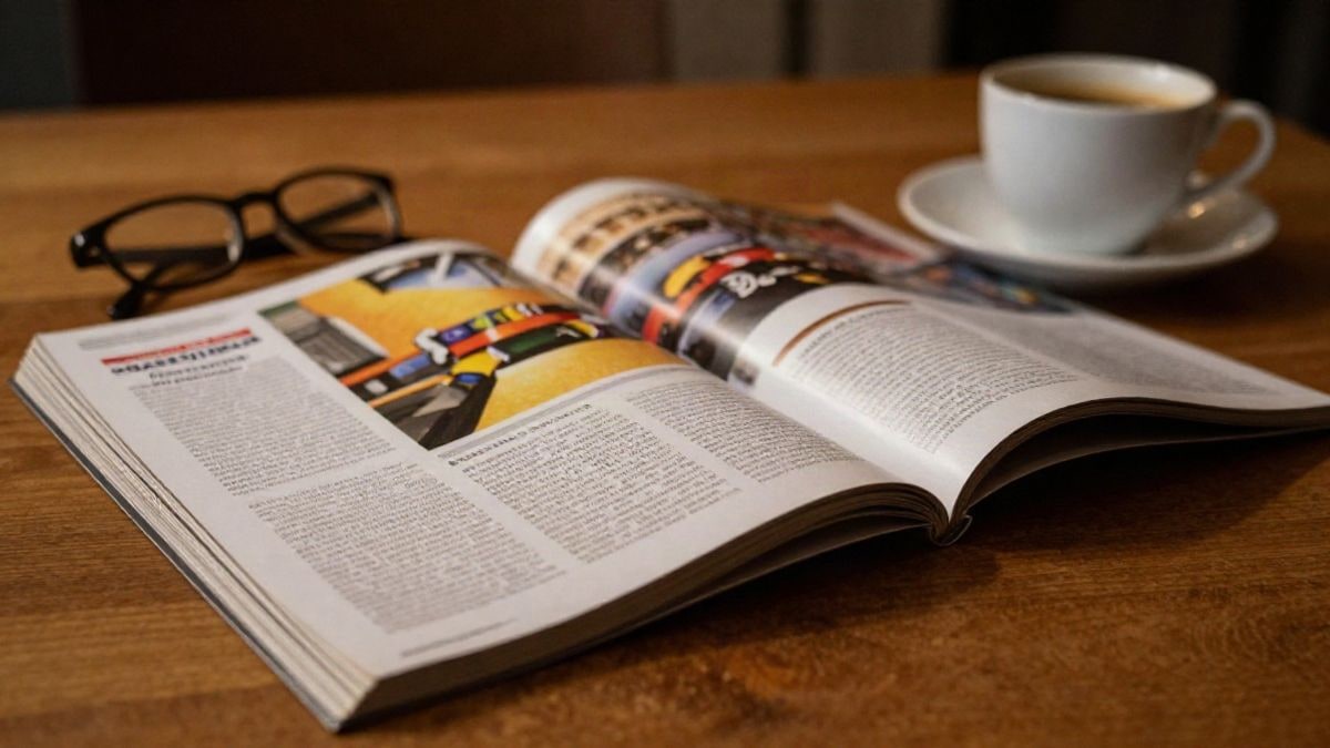 Imagen ilustrativa: una revista abierta sobre una mesa de madera con una taza de café y gafas de leer
