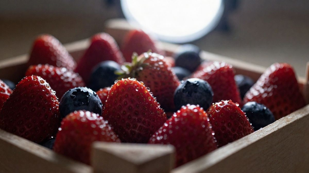 Imagen ilustrativa: primer plano de frutos rojos frescos sobre una caja de madera con gotas de rocío