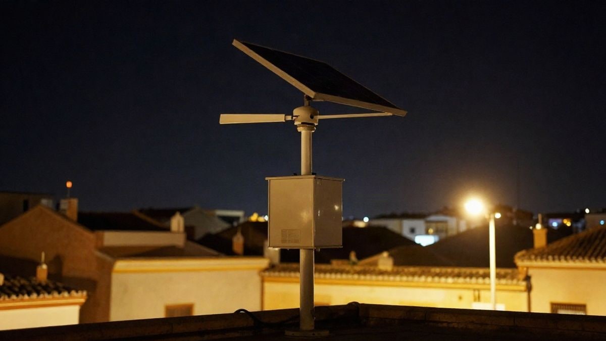 Imagen ilustrativa: estación meteorológica en una azotea urbana iluminada por farolas