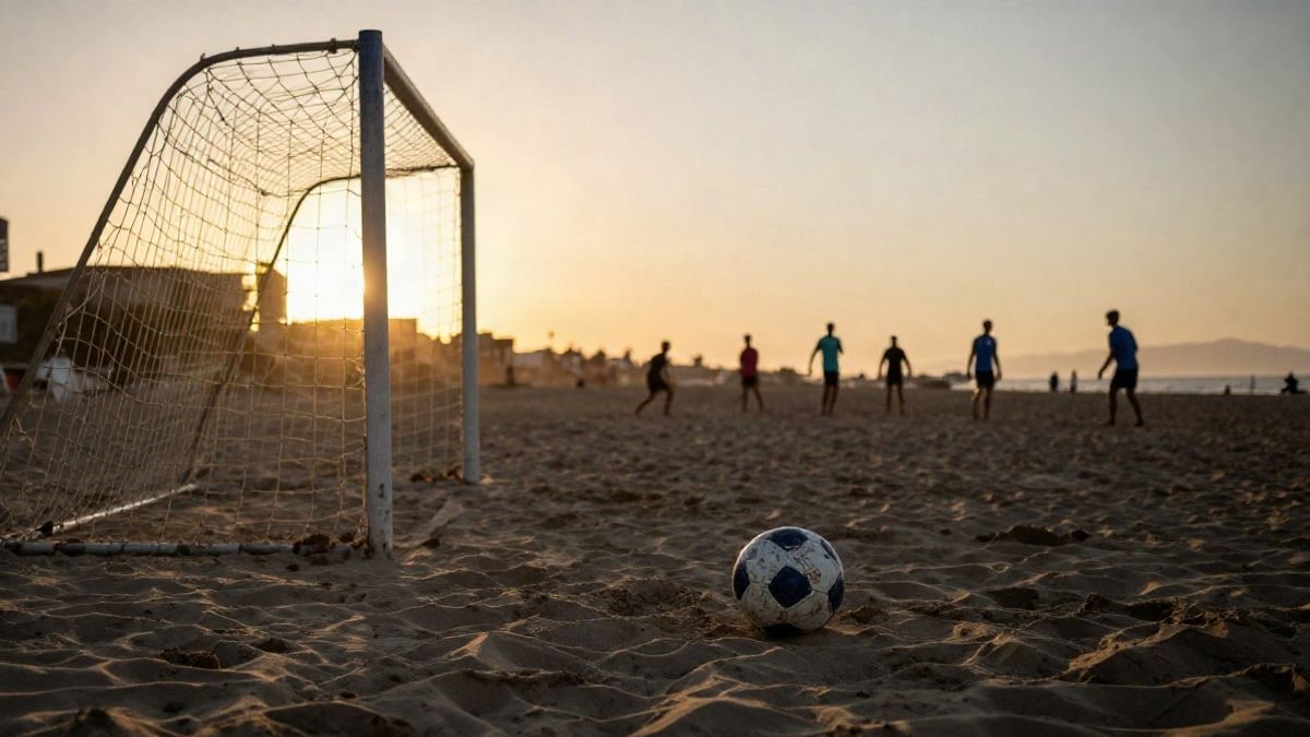 Imagen ilustrativa: portería de fútbol playa al atardecer con un balón sobre la arena en primer plano