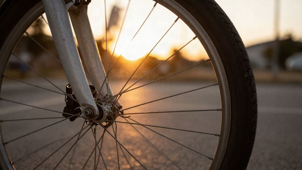 Imagen ilustrativa: primer plano de una rueda de bicicleta de carretera con la luz del atardecer