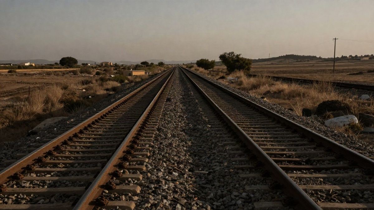 Imagen ilustrativa: vías de tren convergiendo en un paisaje seco al atardecer