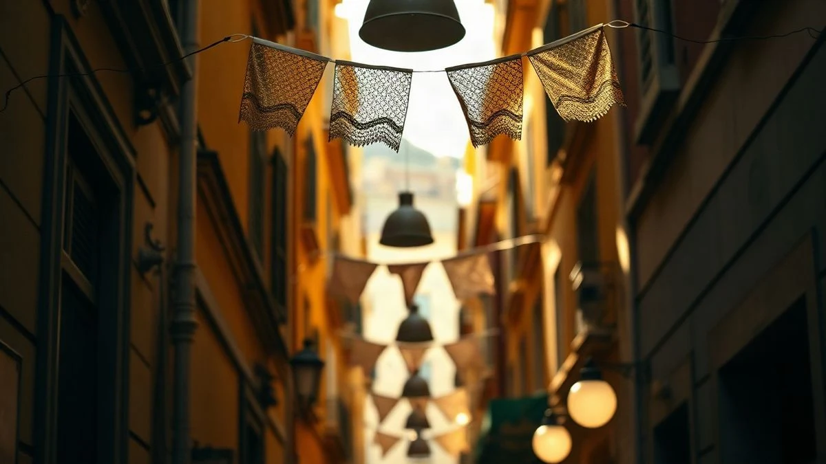 Imagen ilustrativa: una calle adornada con banderines y luces festivas al atardecer