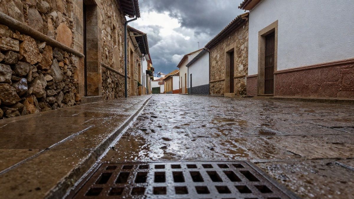 Imagen ilustrativa: calle empedrada mojada de un pueblo andaluz tras la lluvia, con nubes de tormenta disipándose