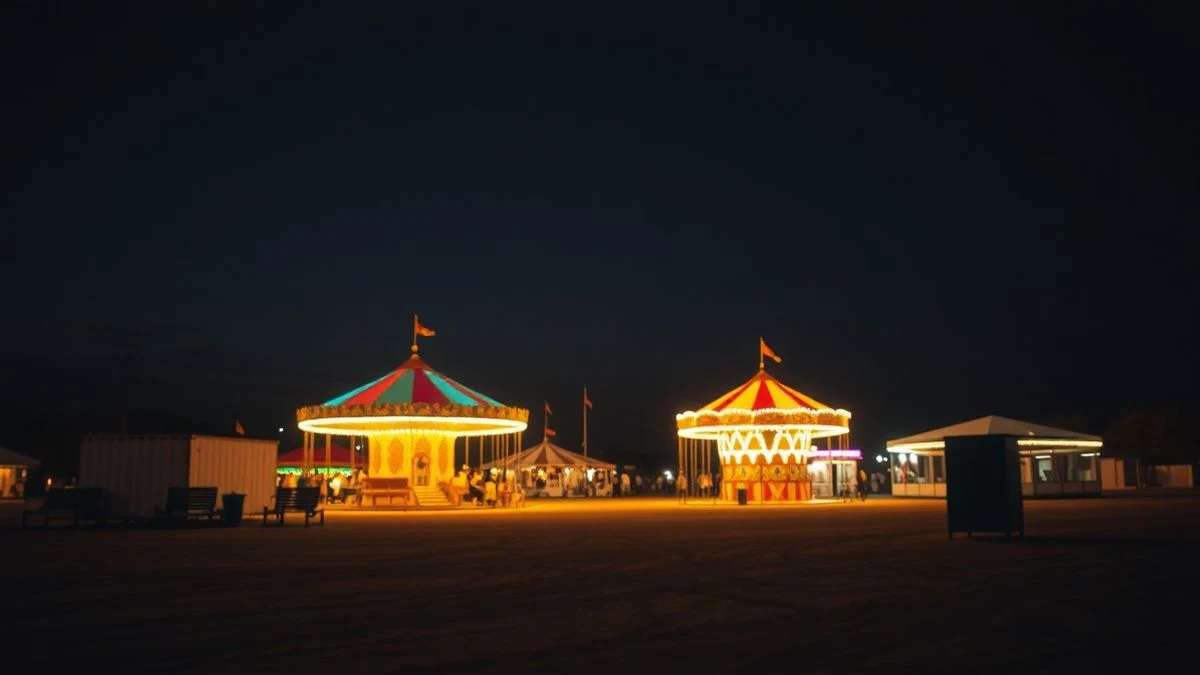 Recinto ferial vacío de noche con casetas iluminadas y farolas.