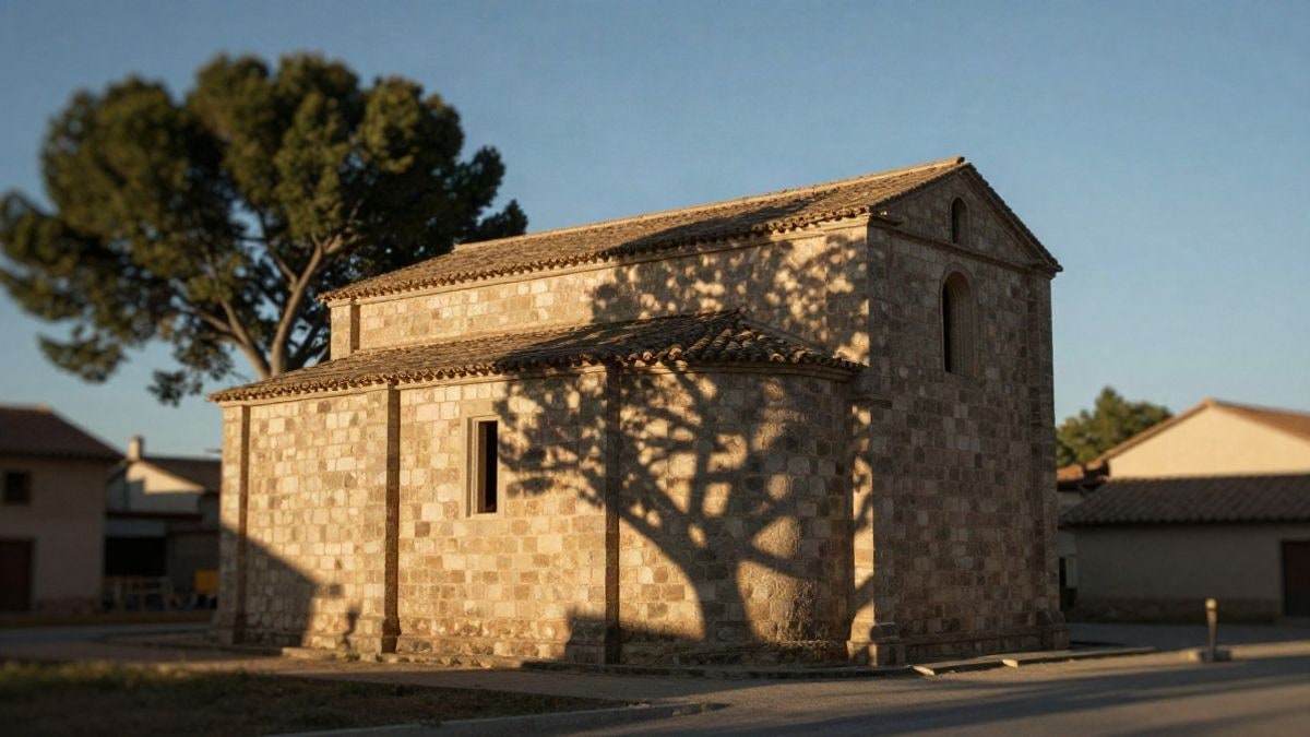 Imagen ilustrativa: plano lateral de una iglesia de piedra inacabada con nave y capillas, luz de atardecer y fondo desenfocado