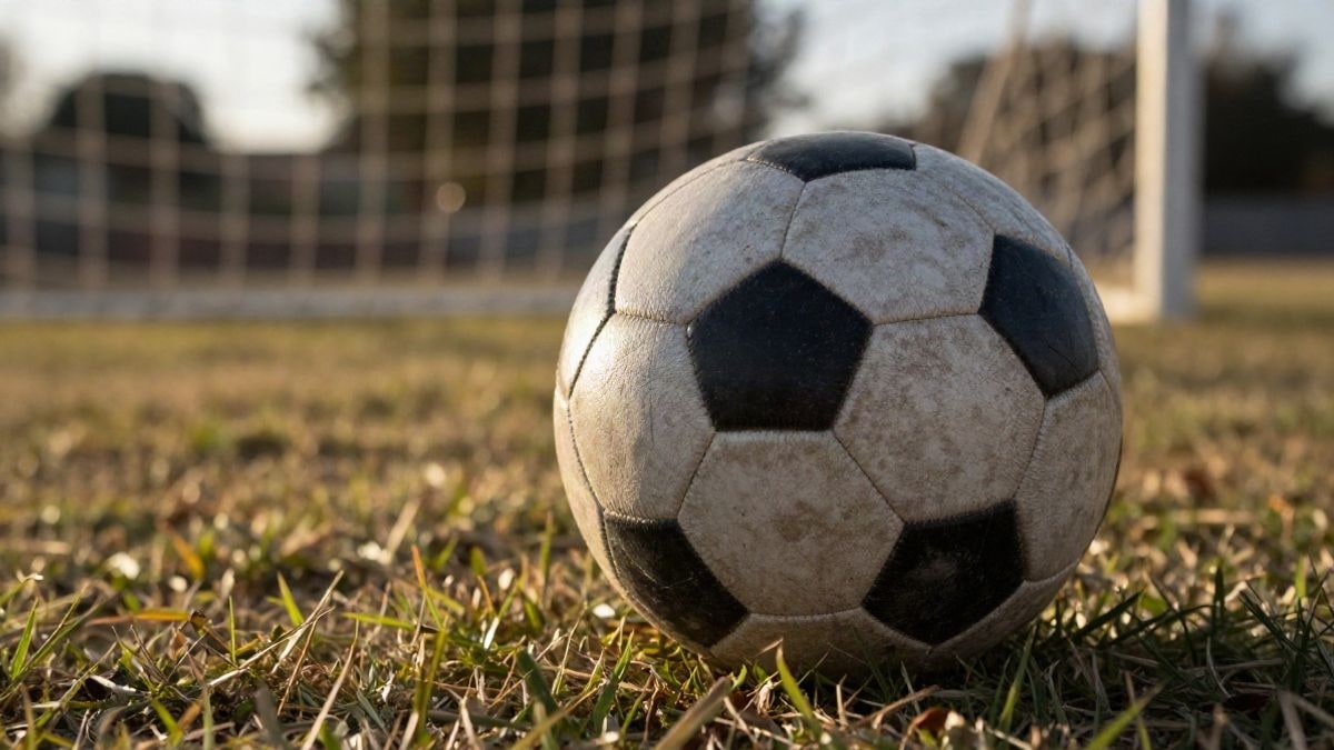 Imagen ilustrativa: balón de fútbol sobre césped seco con una portería desenfocada al fondo