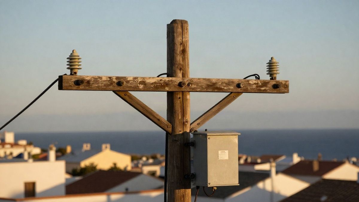 Imagen ilustrativa: detalle de una red eléctrica con aisladores y cableado sobre un fondo urbano desenfocado