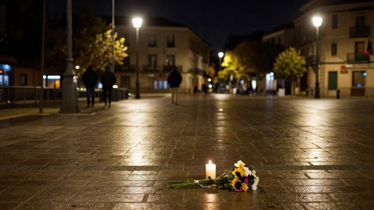 Imagen ilustrativa: una plaza urbana de noche con velas encendidas y flores en el suelo, junto a siluetas lejanas desenfocadas