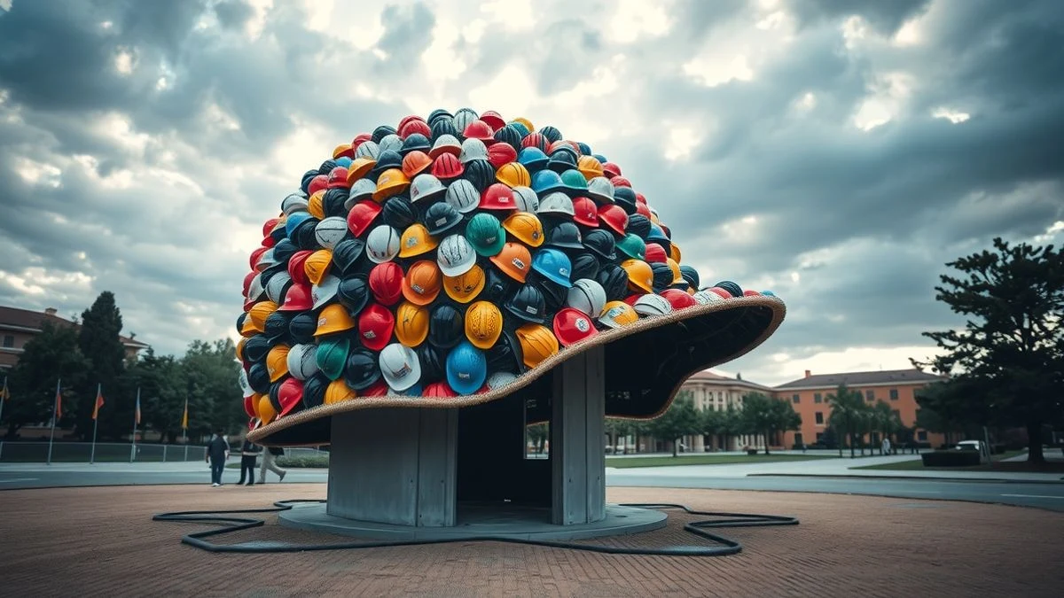 Imagen ilustrativa: vista lateral de una escultura gigante de casco de seguridad hecha con cascos reciclados, en un campus universitario con luz de atardecer.