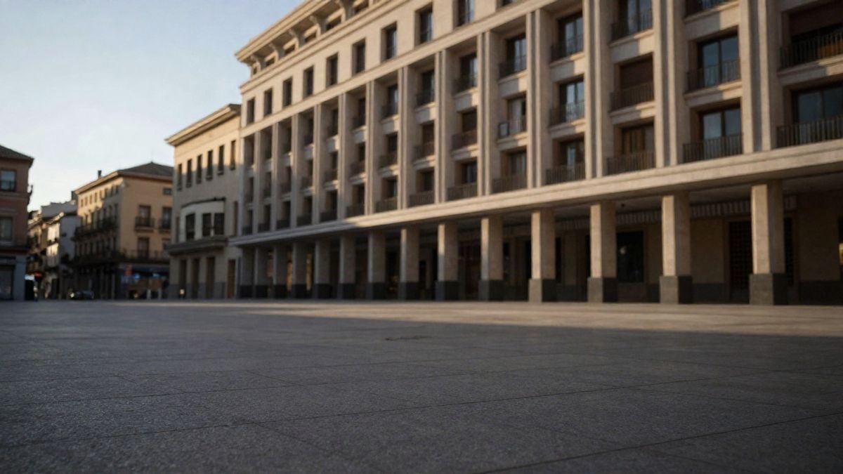 Imagen ilustrativa: fachada de un edificio institucional moderno con líneas que convergen en una plaza vacía al atardecer
