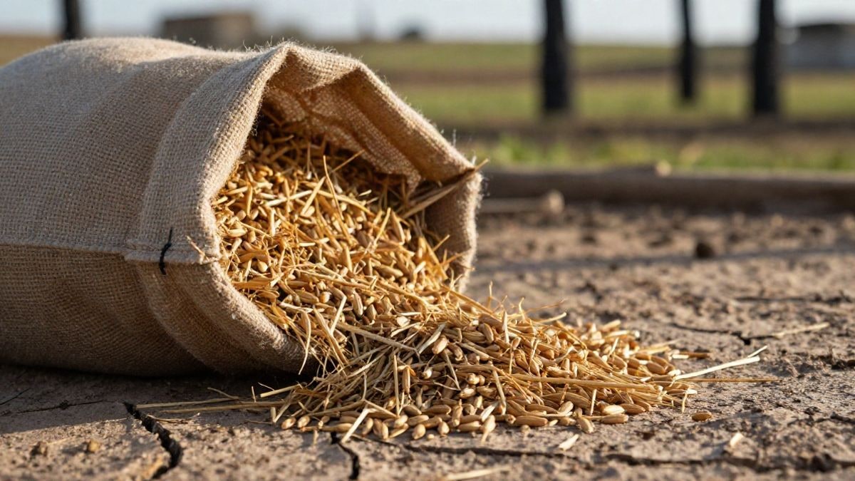 Imagen ilustrativa: primer plano de paja y grano sobre tierra seca con pasto y troncos quemados al fondo