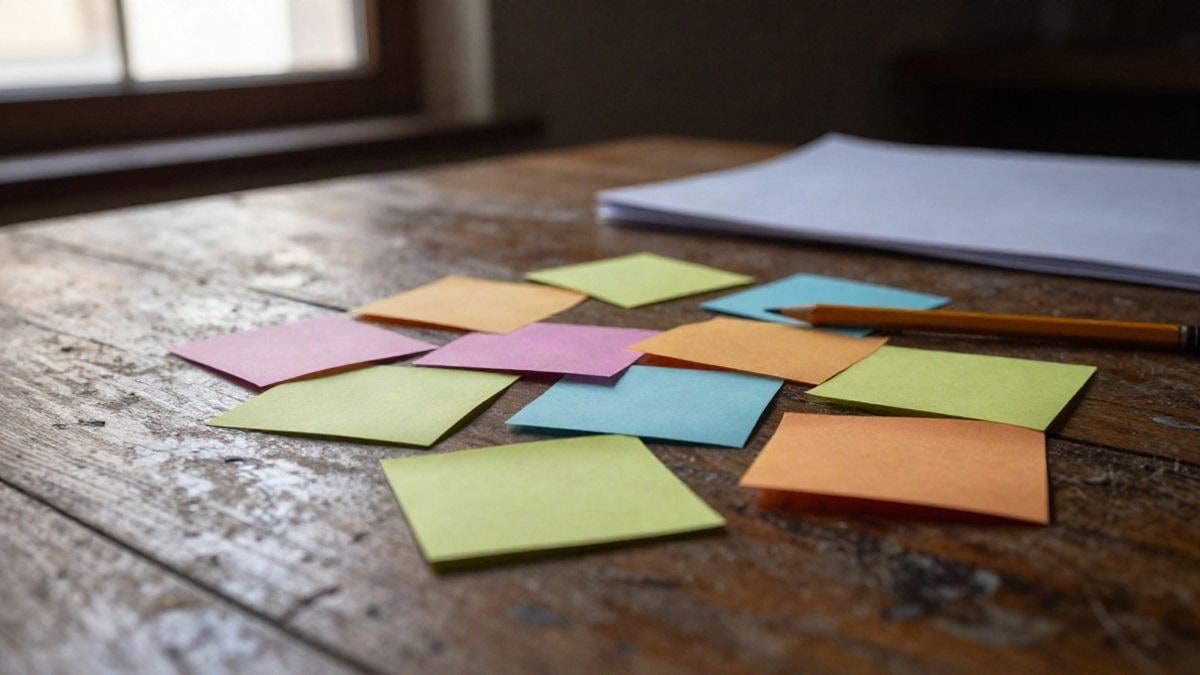 Imagen ilustrativa: detalle de una mesa de madera con notas adhesivas de colores, un lápiz y papel enrollado bajo luz natural