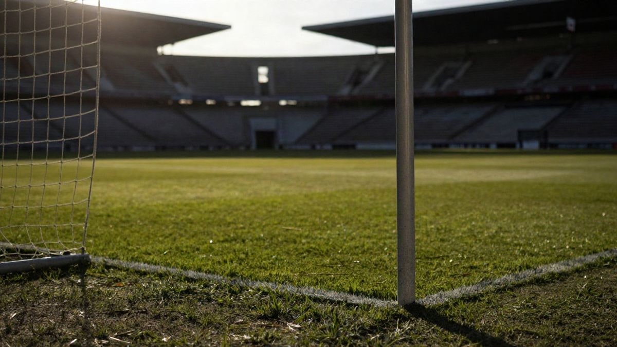 Imagen ilustrativa: banderín de córner y red de portería en un campo de fútbol al atardecer