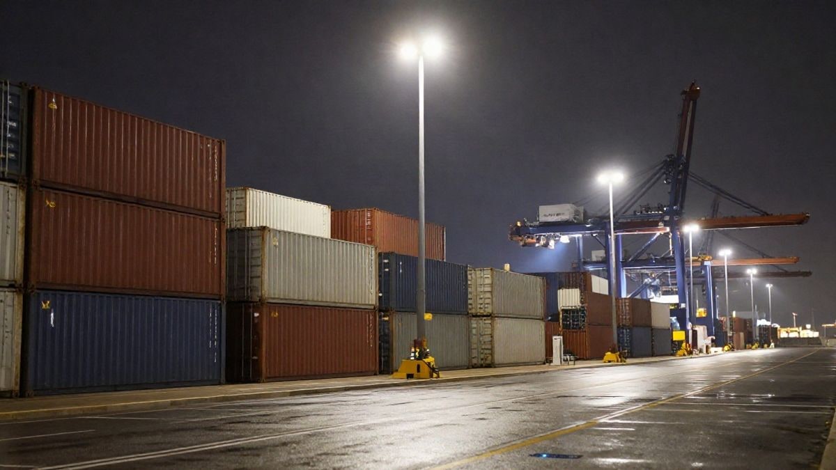 Imagen ilustrativa: puerto comercial de noche con contenedores apilados y una grúa iluminada por farolas y focos