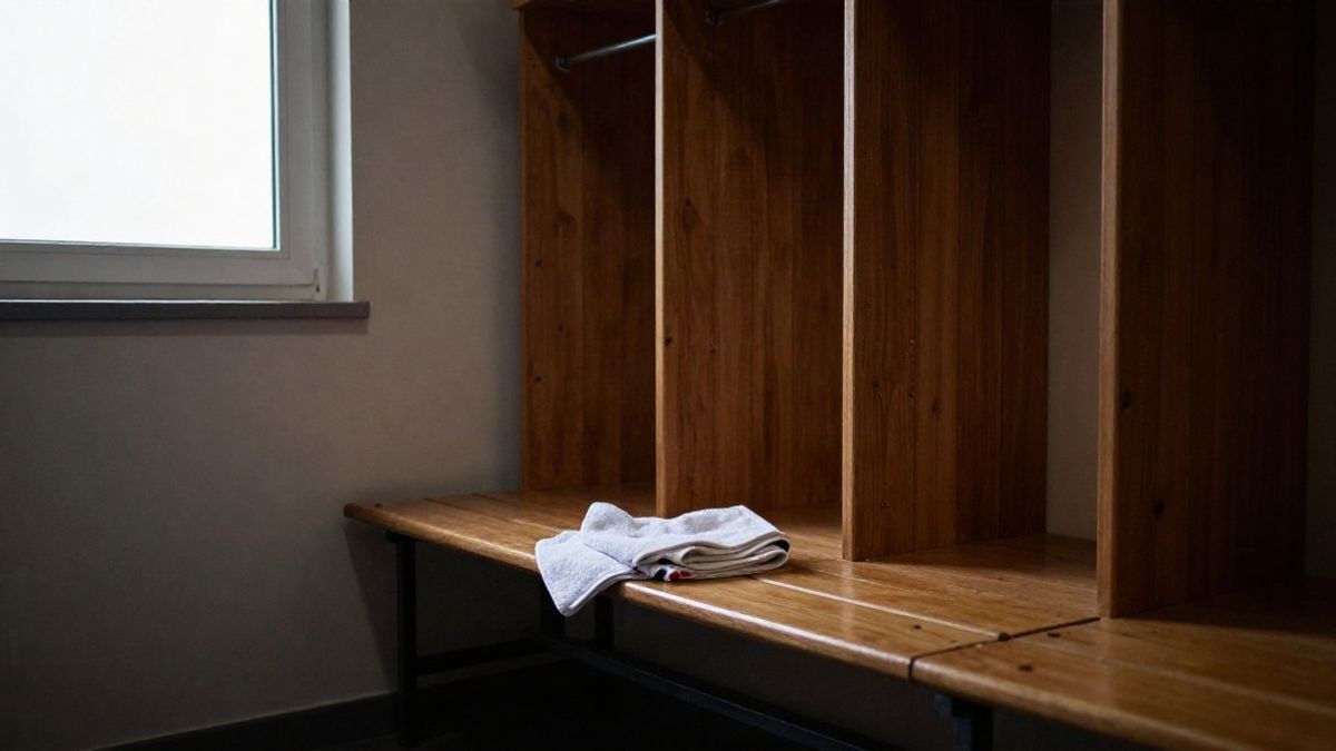 Imagen ilustrativa: interior de un vestuario de fútbol con un banco de madera junto a una ventana iluminada por luz lateral.