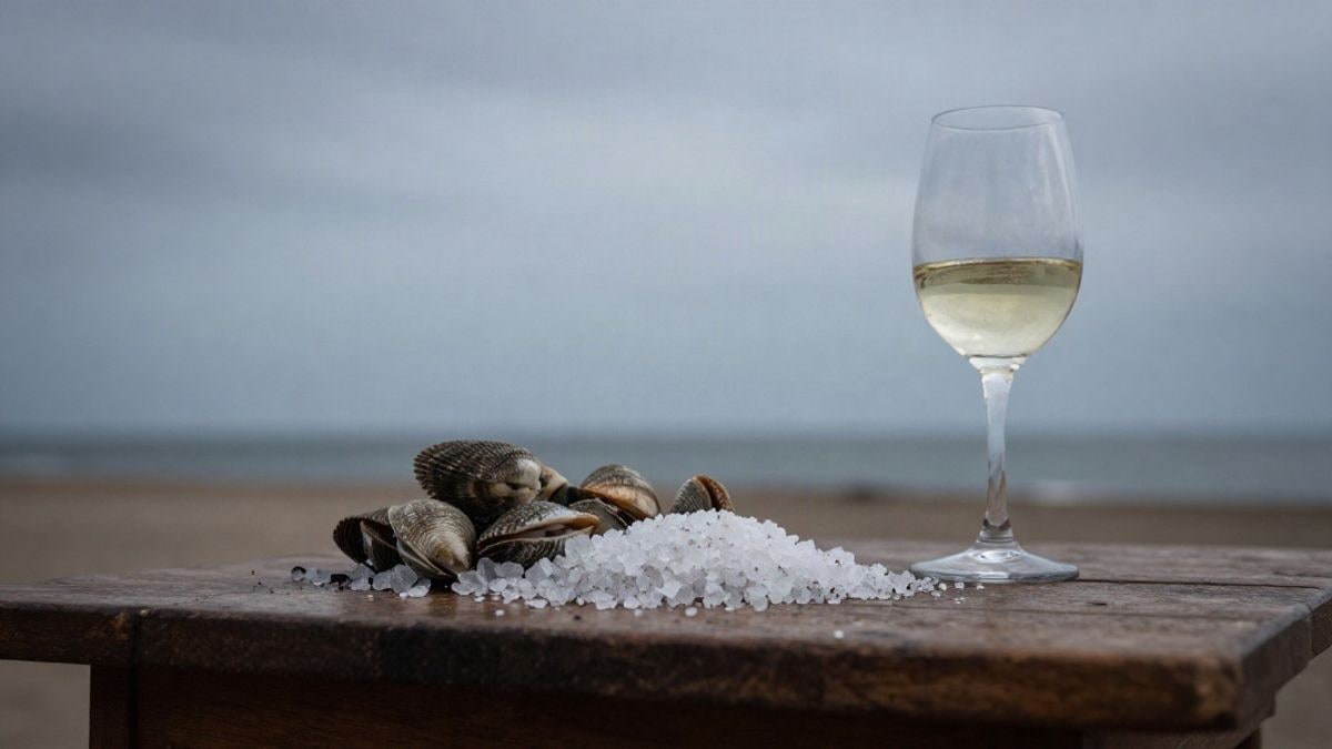Imagen ilustrativa: copa de vino blanco junto a sal marina y marisco sobre una mesa de madera, con luz natural de costa