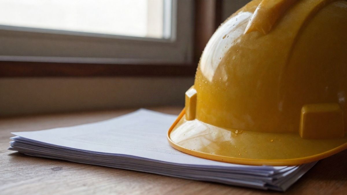 Imagen ilustrativa: primer plano de un casco minero y documentos sobre una mesa de madera