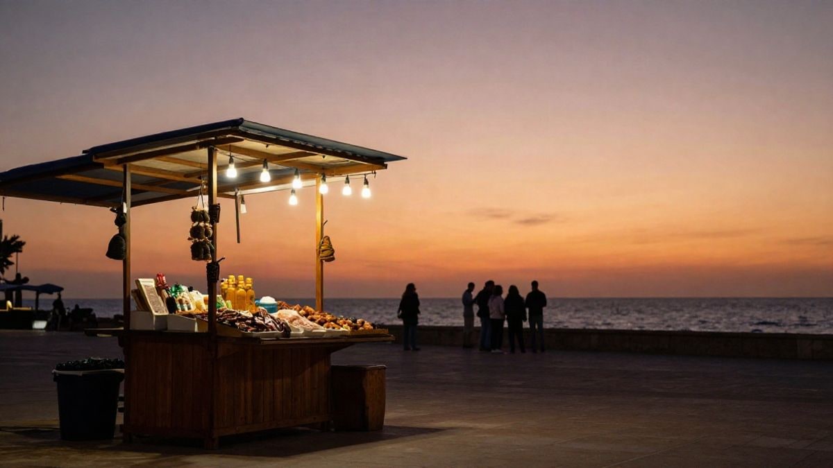 Imagen ilustrativa: un puesto de degustación de productos del mar en un paseo marítimo al atardecer, con luces decorativas y el mar de fondo.