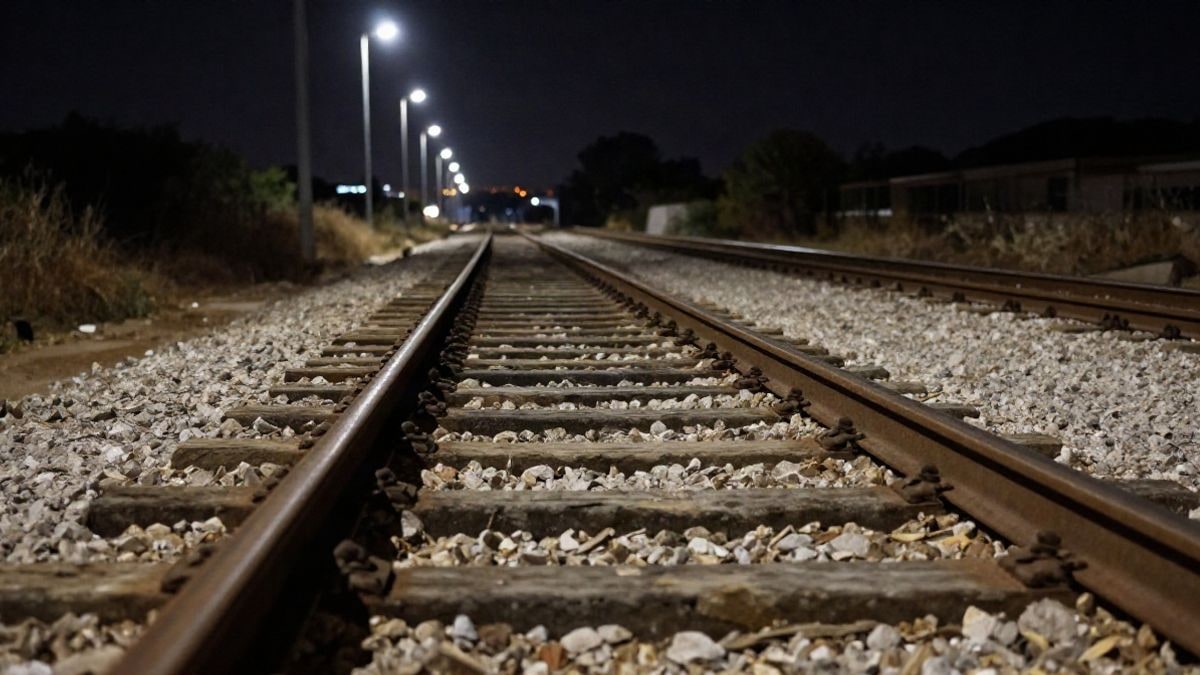 Imagen ilustrativa: vías ferroviarias oxidadas en un paisaje minero iluminado por farolas y focos de noche