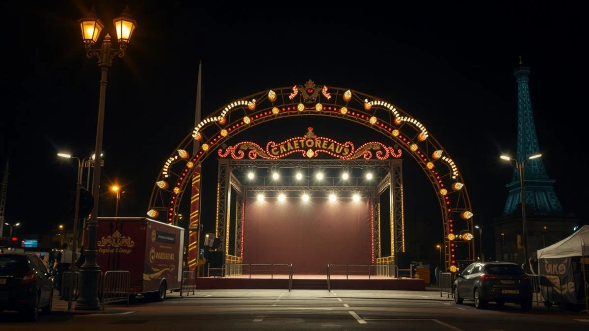 Imagen ilustrativa: portada de feria iluminada con luces de colores en un recinto ferial de noche, con un escenario vacío al fondo