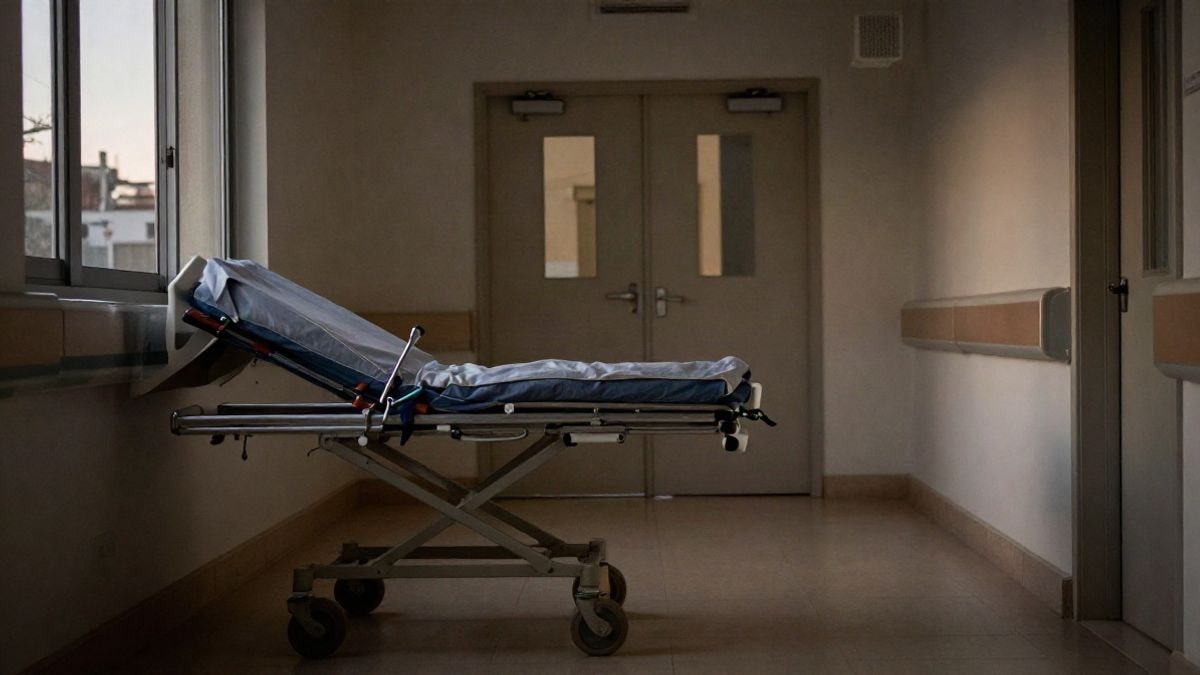 Imagen ilustrativa: pasillo de urgencias de un hospital con una camilla vacía y luz tenue al atardecer