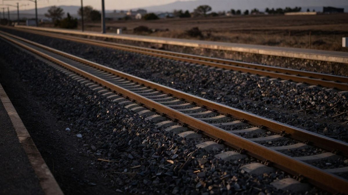 Imagen ilustrativa: vías de tren de alta velocidad al atardecer en una llanura seca, con poca profundidad de campo