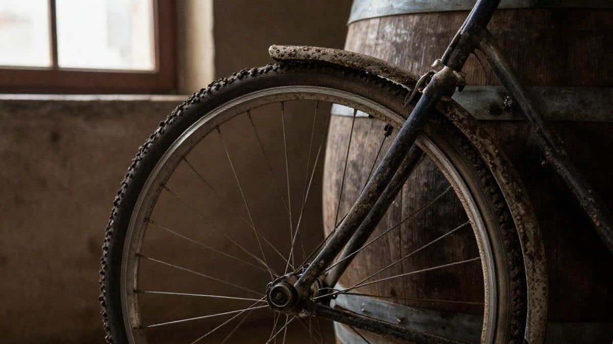 Imagen ilustrativa: rueda de bicicleta de montaña apoyada junto a una barrica de vino en una bodega
