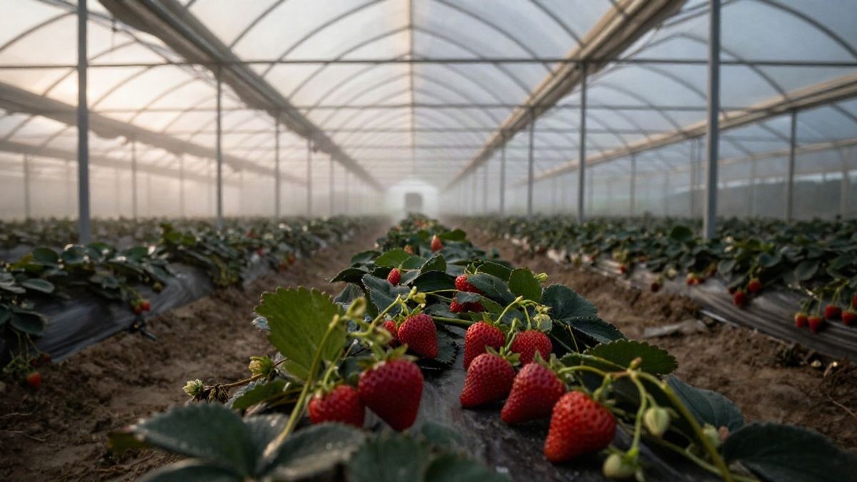 Imagen ilustrativa: hileras de cultivo de fresas en invernadero con líneas que convergen hacia el horizonte al amanecer