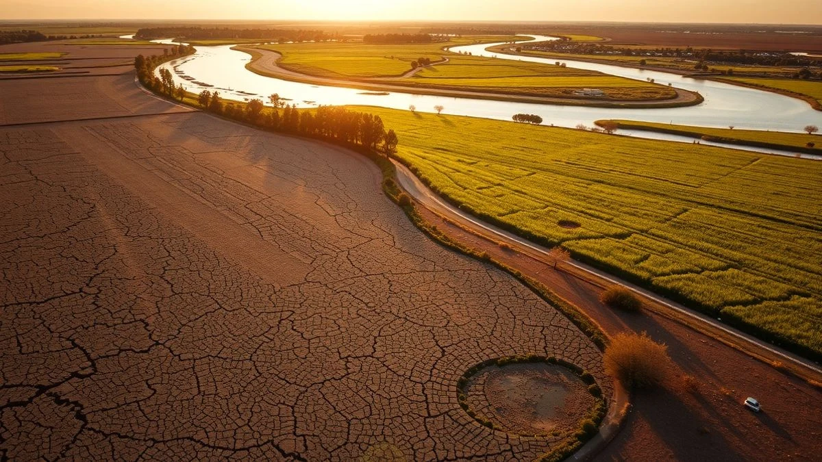 Imagen ilustrativa: vista aérea de campos agrícolas secos junto a humedales verdes en el entorno de Doñana al atardecer.