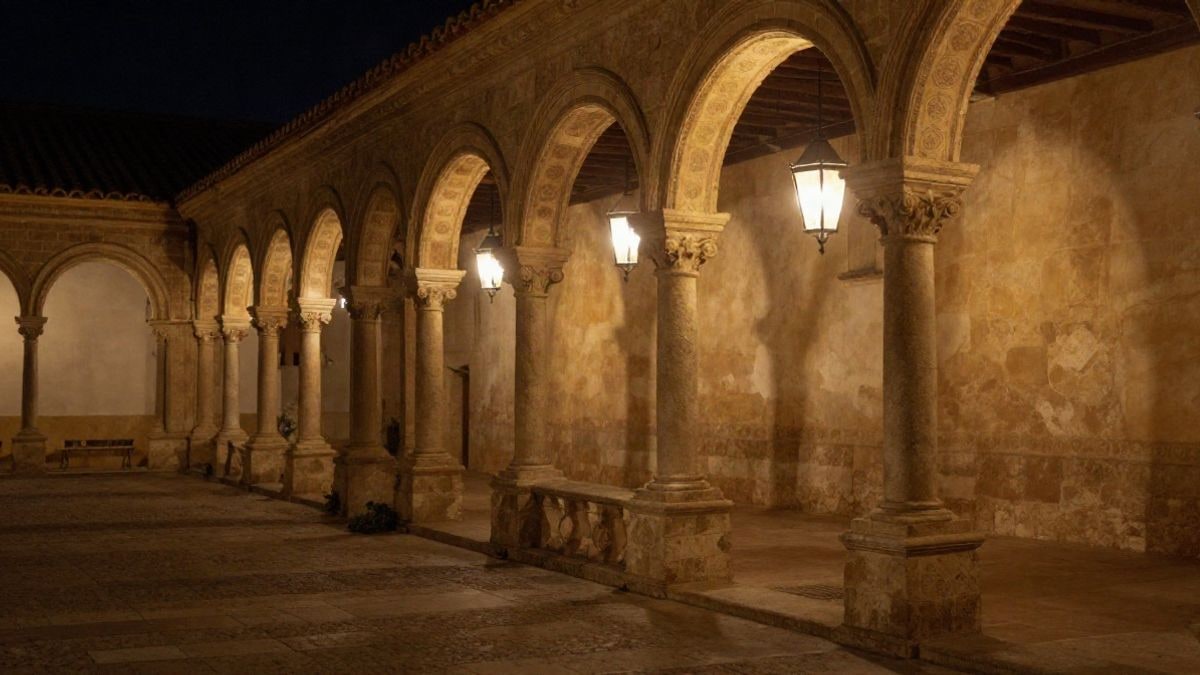 Imagen ilustrativa: claustro de un monasterio histórico iluminado con luz artificial nocturna