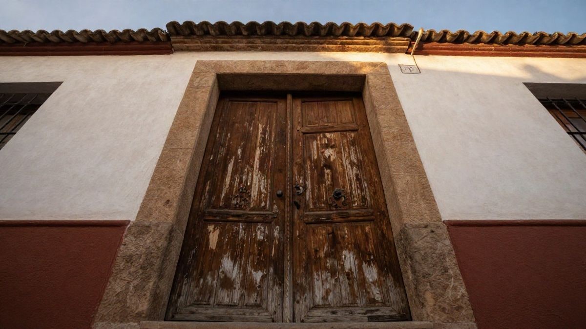 Imagen ilustrativa: puerta de madera de un edificio residencial iluminada por luz de atardecer