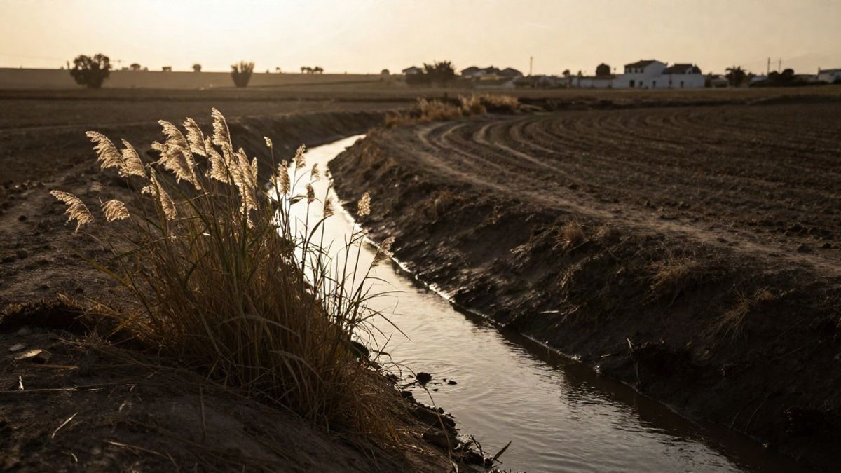 Imagen ilustrativa: un canal de riego entre campos secos al atardecer, con siluetas y sombras largas