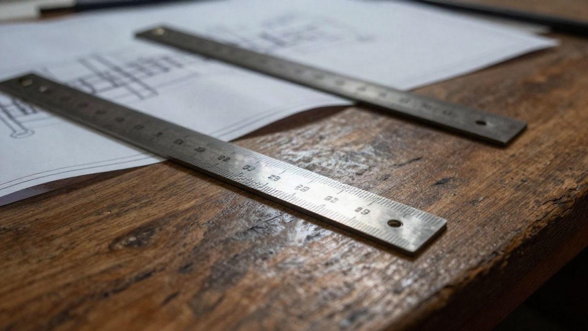 Imagen ilustrativa: superficie de madera de un tablero de dibujo técnico con reglas metálicas y papel de planos