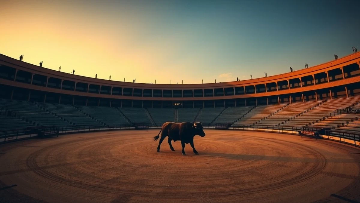 Imagen ilustrativa: una plaza de toros vacía al atardecer, con la arena iluminada y un toro de perfil en el centro.