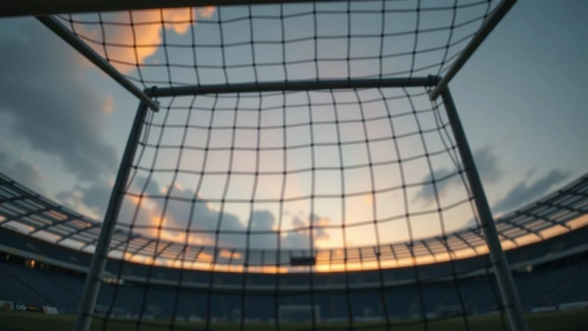 Vista desde el suelo de una portería de fútbol vacía con el cielo de fondo en un estadio al atardecer