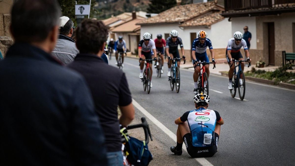 Imagen ilustrativa: un ciclista caído es ayudado por un espectador en una carretera durante una carrera, con público al fondo.