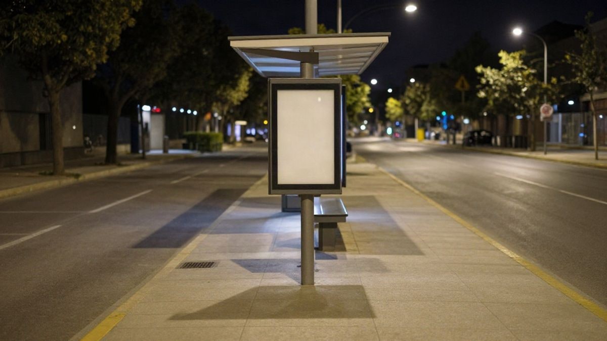 Imagen ilustrativa: una parada de autobús vacía de noche con un poste de señalización y sombras alargadas