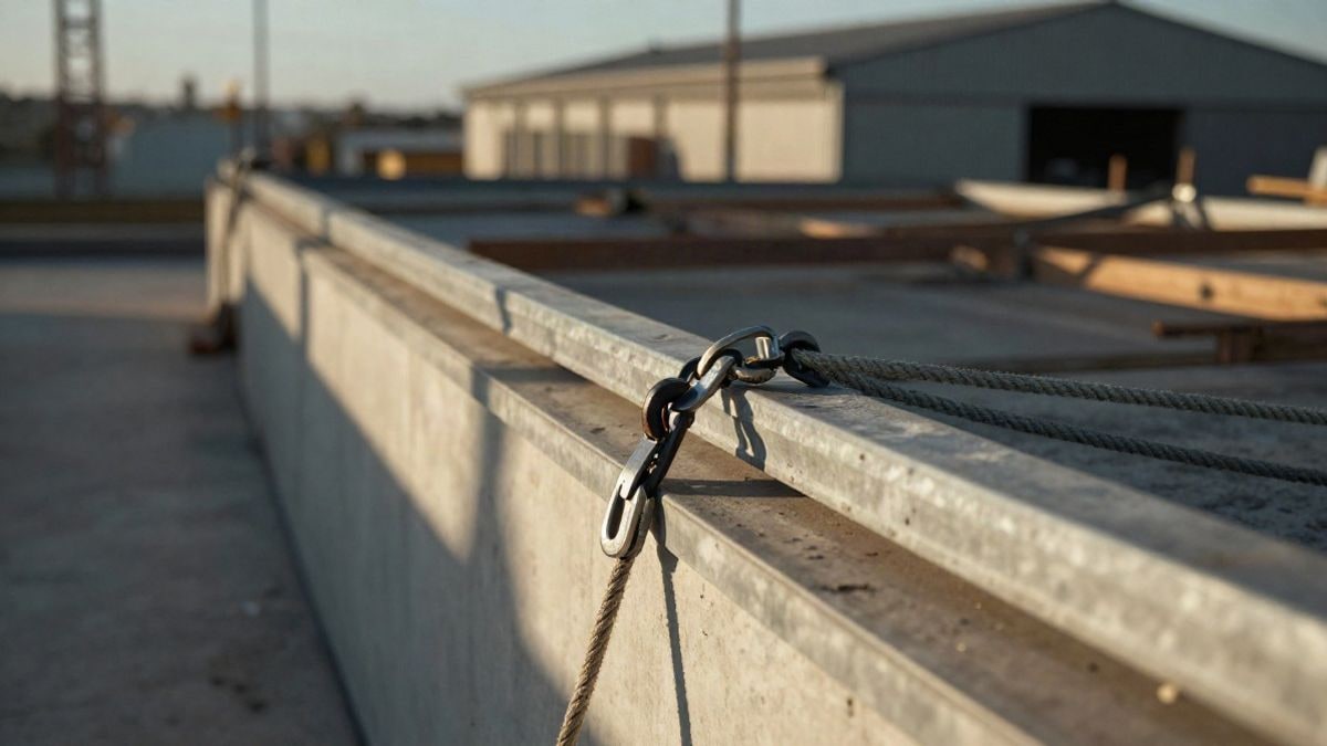 Imagen ilustrativa: detalle de una cubierta metálica con arnés y cuerda en un entorno industrial