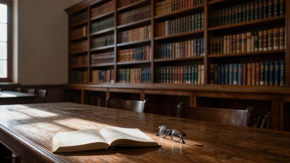 Imagen ilustrativa: sala de lectura con estanterías de madera llenas de libros y una mesa con un libro abierto, iluminada por luz de ventana lateral