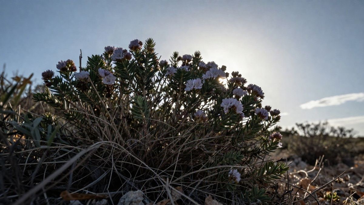 Imagen ilustrativa: flores de jara en primer plano desde el suelo, con el cielo de fondo y luz de atardecer