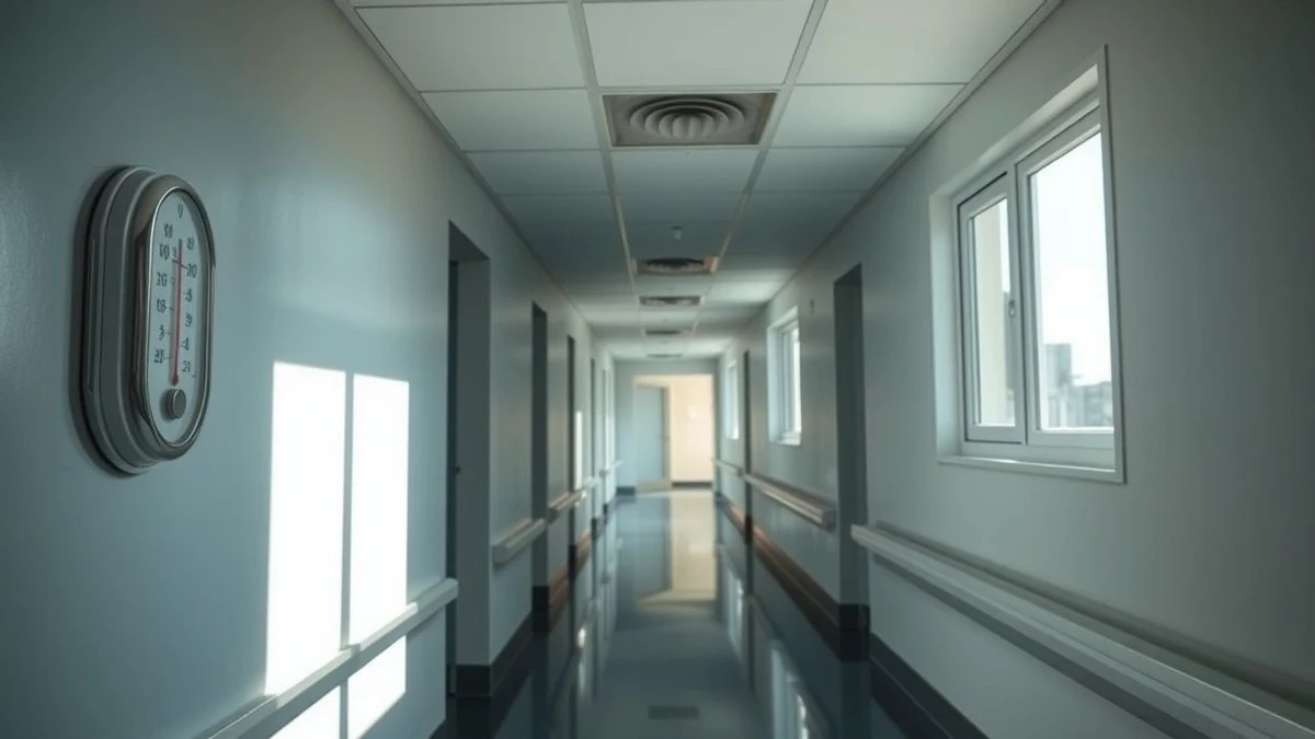 Termómetro en un pasillo de hospital con luz lateral, representando la alerta por calor extremo