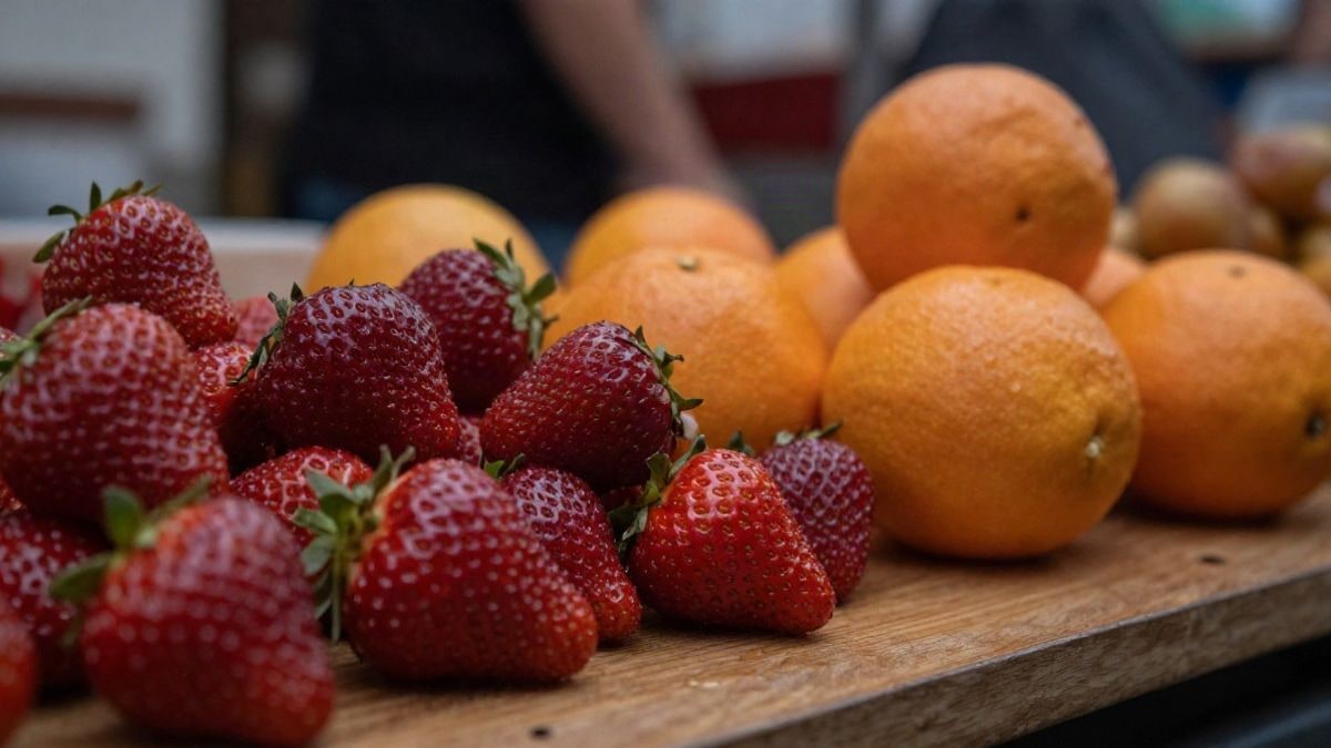 Imagen ilustrativa: primer plano de fresas y naranjas sobre una mesa de madera con gotas de agua