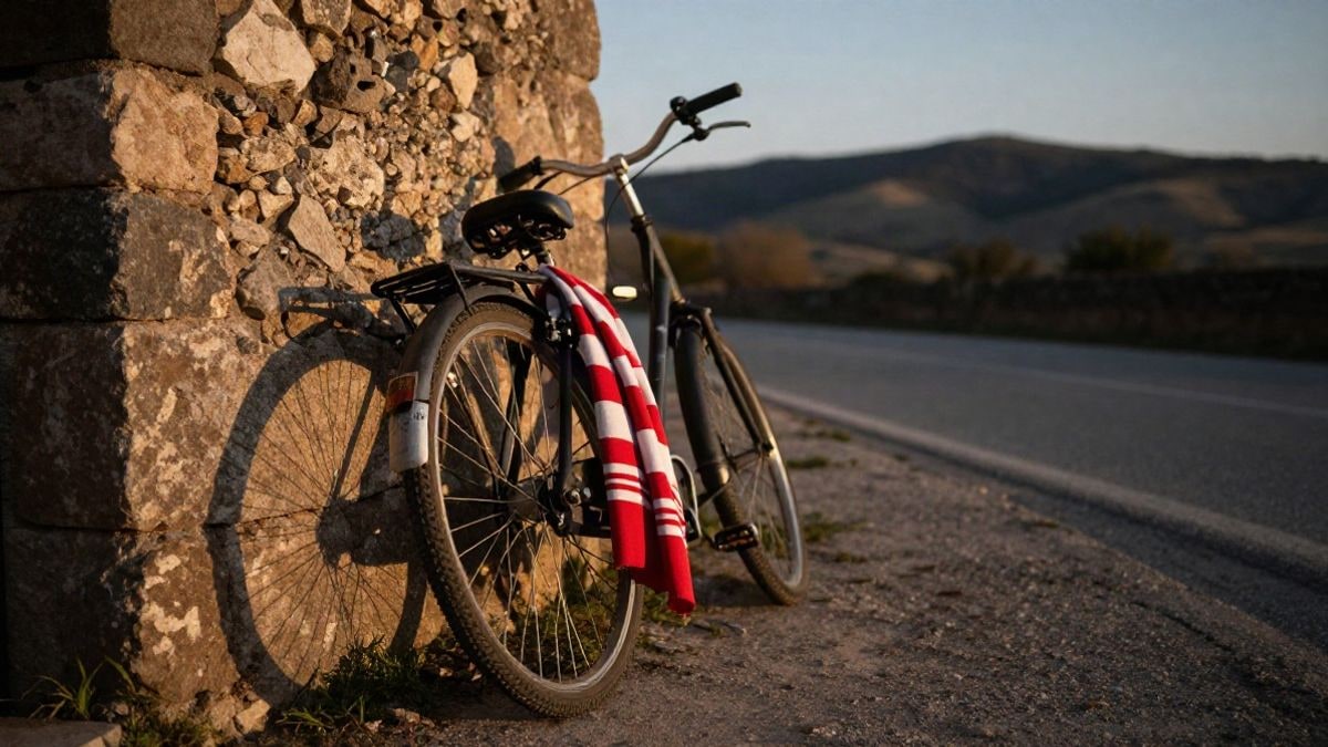 Imagen ilustrativa: una rueda de bicicleta apoyada en una pared de piedra con una bufanda a rayas rojas y blancas al atardecer.