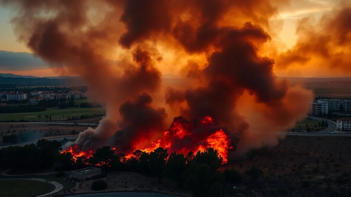 Imagen ilustrativa: vista aérea de un incendio forestal con humo denso cerca de una urbanización y un campo de golf al atardecer.