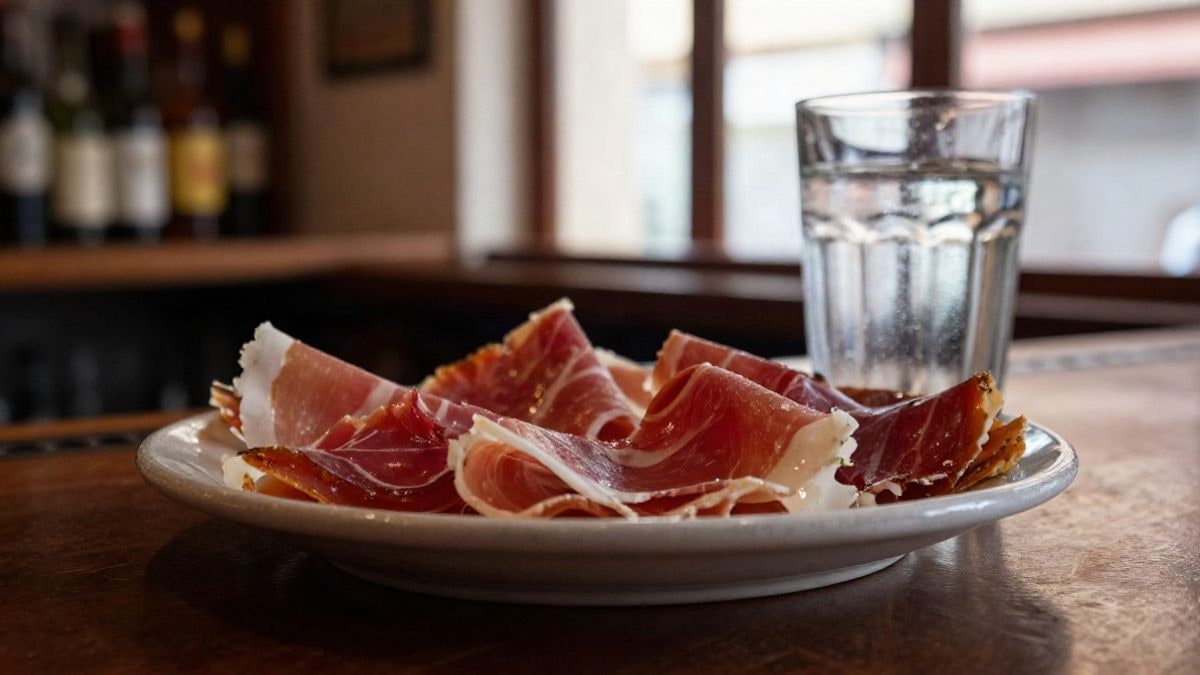Imagen ilustrativa: primer plano de una barra de bar con plato de tapas y jamón