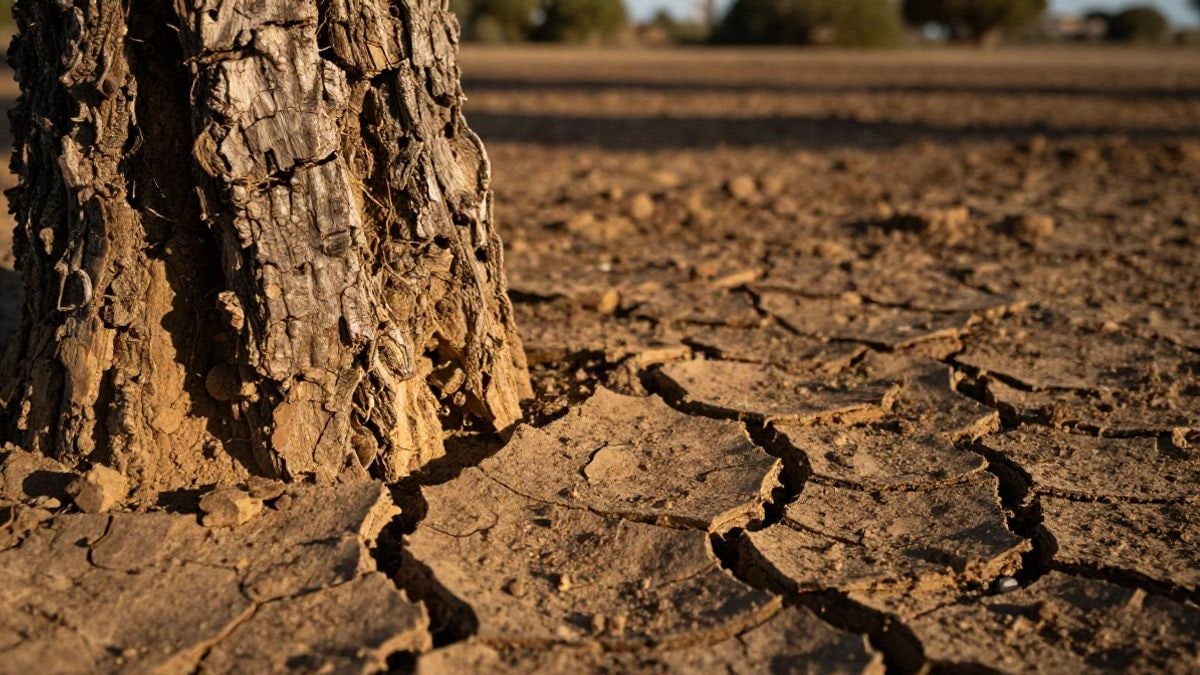 Imagen ilustrativa: primer plano de tierra agrietada junto a la corteza rugosa de un alcornoque al atardecer