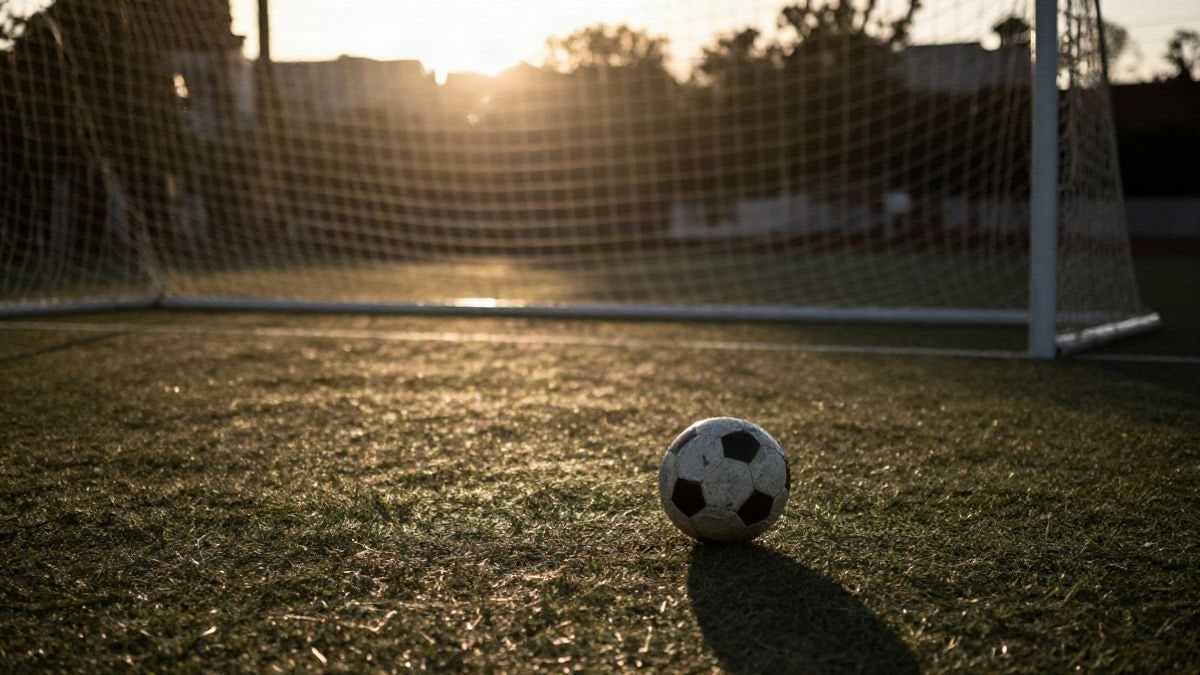 Imagen ilustrativa: un balón de fútbol sobre el césped de un estadio al atardecer, con la red de la portería al fondo.