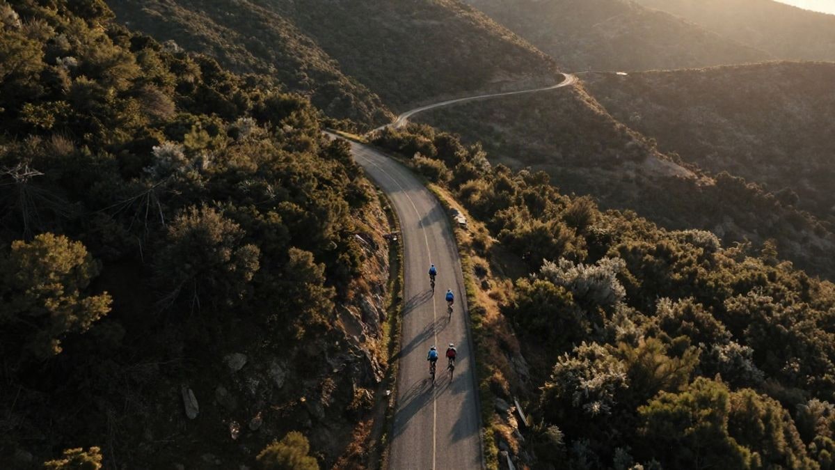 Imagen ilustrativa: vista aérea de una carretera de montaña con ciclistas de fondo al atardecer