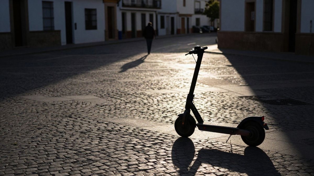 Imagen ilustrativa: un patinete eléctrico aparcado en una calle empedrada de un pueblo andaluz al atardecer